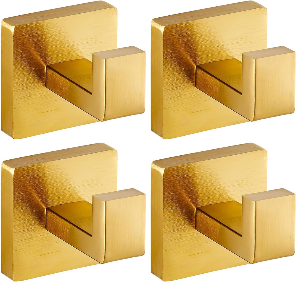 Brushed Gold Towel Hooks for Bathrooms, Heavy Duty Wall Mounted Stainless Steel Modern Hook, 4 Pack – Ideal for Hanging Towels, Robes, Coats, in Kitchen, Bedroom, Bathroom, or Hotel