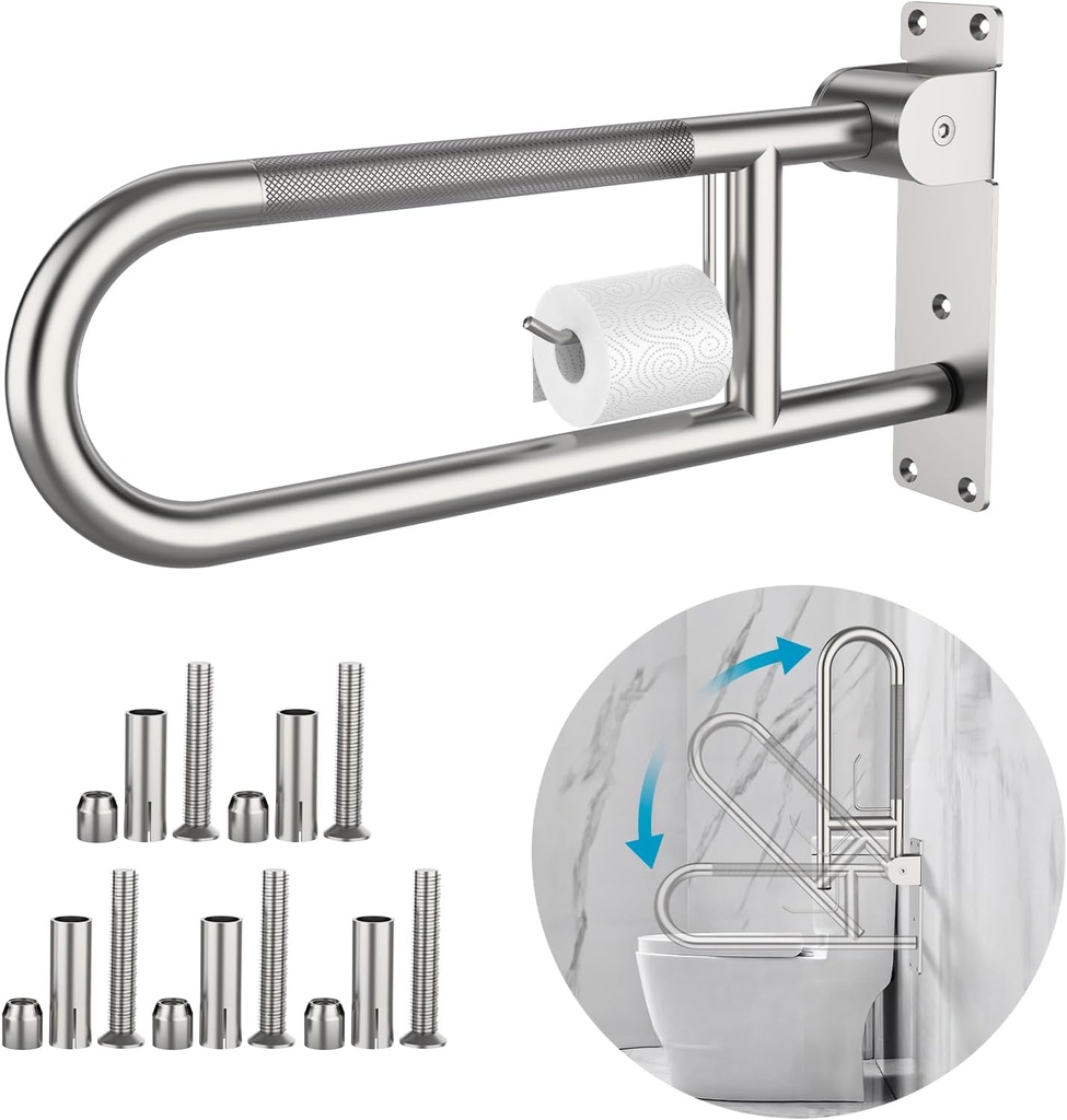 Toilet Grab Bar 22.4 Inch, Munzong Anti-Slip Handicap Grab Bars with Paper Holder, Flip-Up Bathroom Toilet Safety Rails, Stainless Steel Knurled Support handrails for Seniors Elderly Disabled Pregnant