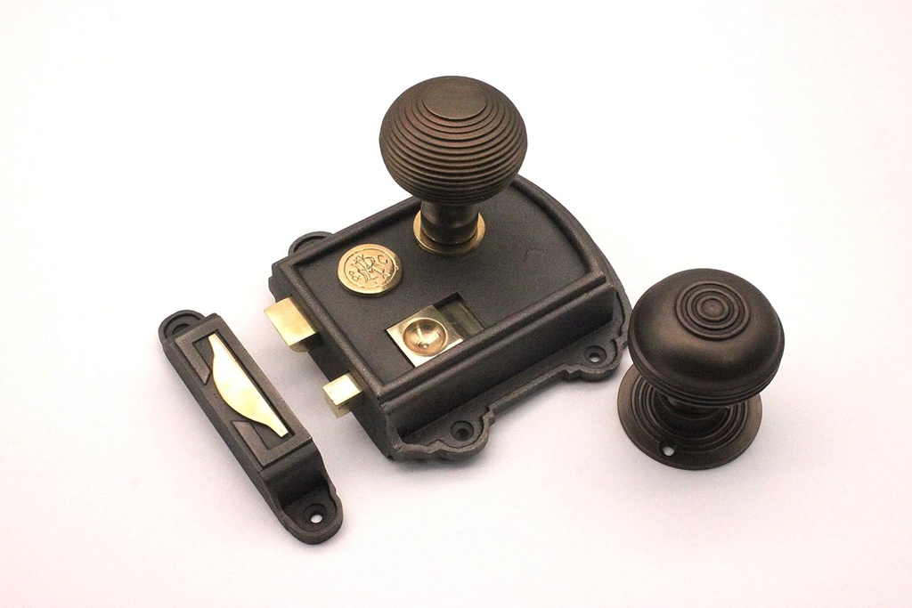 Victorian Cast Iron Rim Latch Bath Bedroom Lock Door Knob Handle Sets - Bronze (Rim Lock + Bloxwich Door Knob)