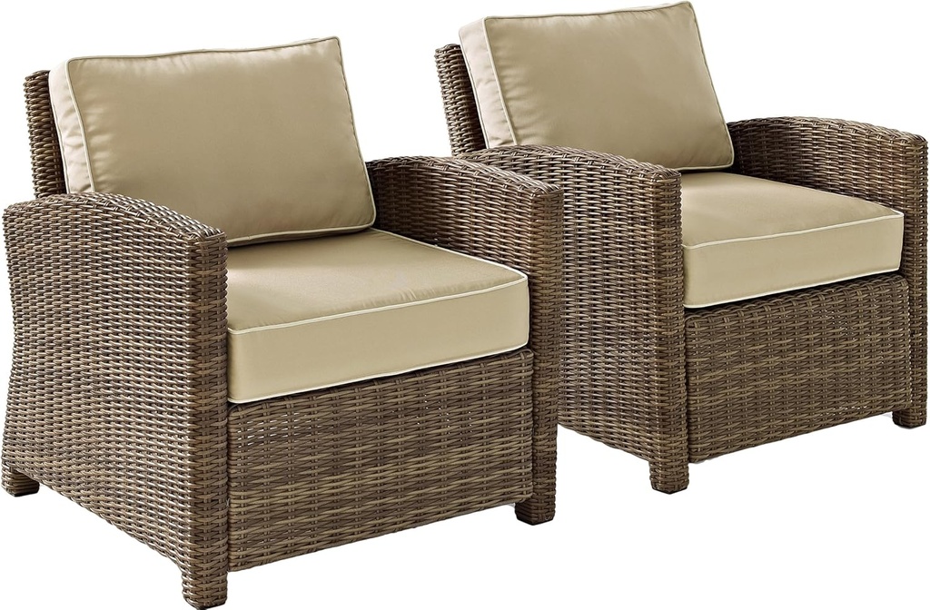 Crosley Furniture Bradenton 2-Piece Outdoor Chair Set, Wicker Patio Chairs for Conversation, Porch, Deck, Brown with Sand Cushions