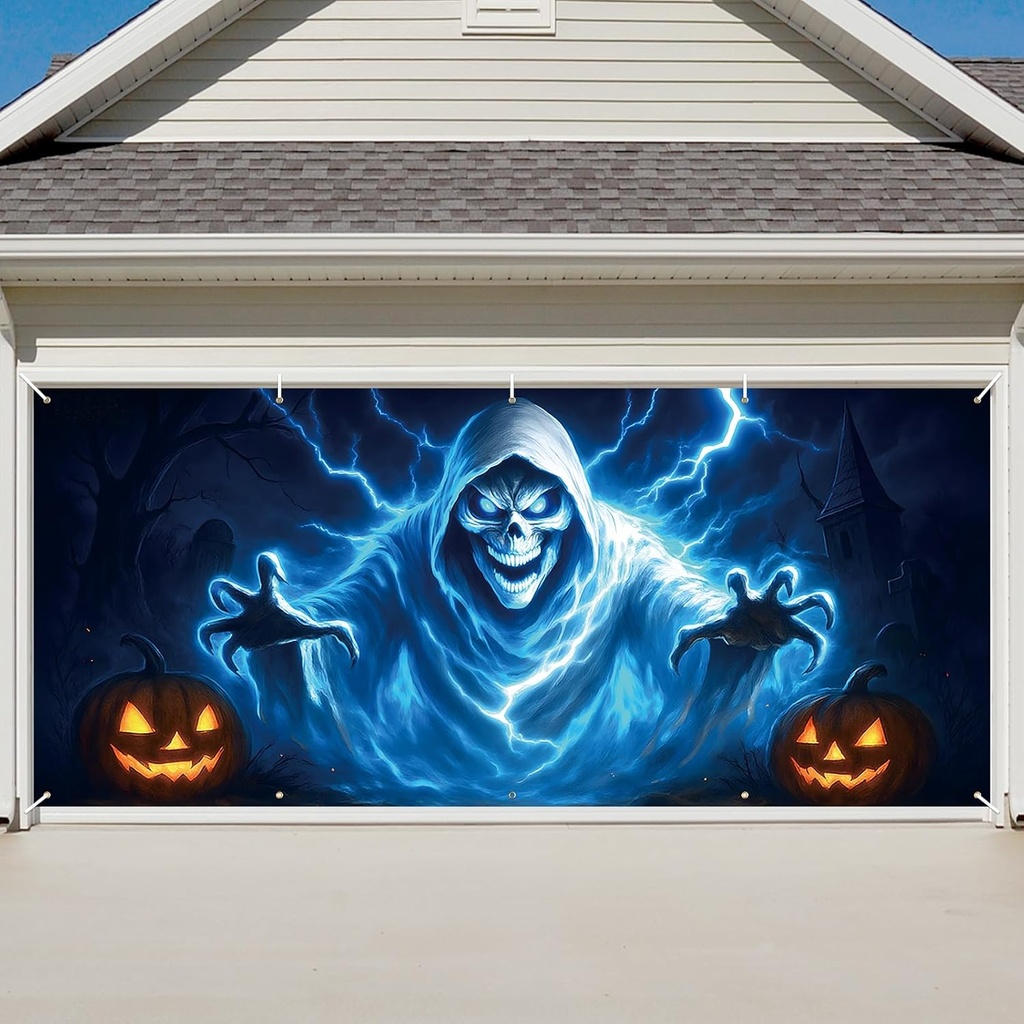 16 x 7 FT Halloween Ghost Skeleton Garage Door Cover Banner Backdrop Decorations - Spooky Blue Ghost with Lightning and Pumpkins Printed Hanging Garage Door Cover for Outdoor Patio Lawn Horror Décor