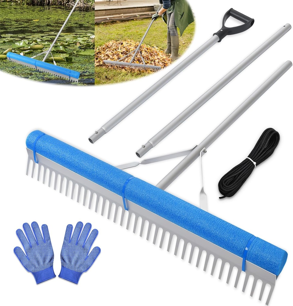 Floating Lake Rake, Leaf Collector for Gardening, 36" Aluminum Landscape Rake with Adjustable Handle, 33FT Rope & Float, Weed Algae Removal, Multifunctional Detachable Aquatic Weed Rakes