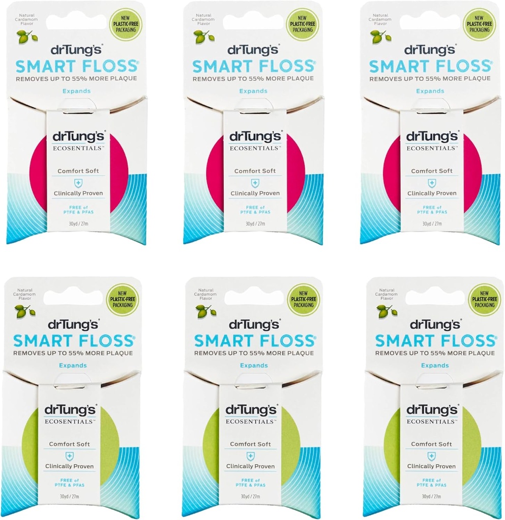 DrTung's Smart Floss - Natural Floss, PTFE & PFAS Free Floss, Gentle on Gums, Expands & Stretches, BPA Free Floss - Natural Dental Floss Cardamom Flavor (Pack of 6)
