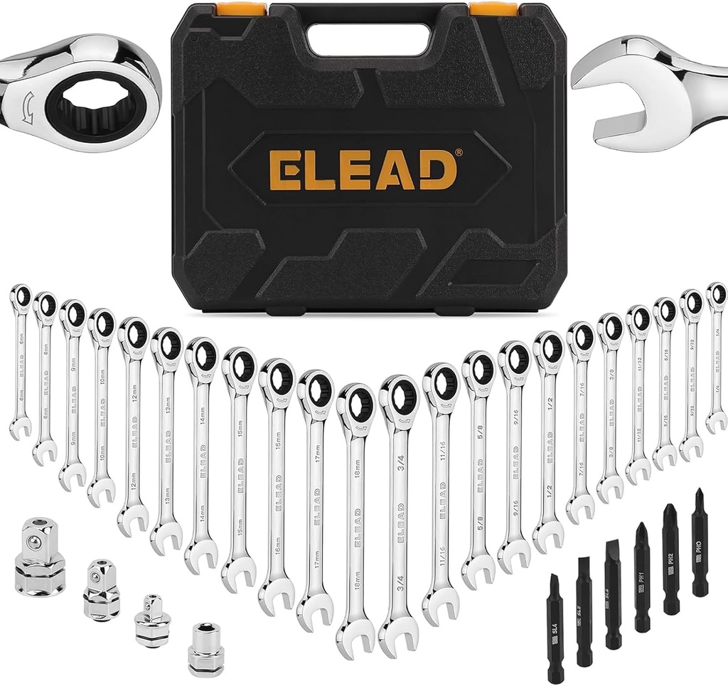 ELEAD 33-Piece Combination Ratchet Wrench Set | SAE & Metric Sizes (1/4" to 3/4" & 6-18mm) | 72-Tooth Gear Design | CR-V Steel | Organizer Carry Case | Ideal for Mechanics & DIY