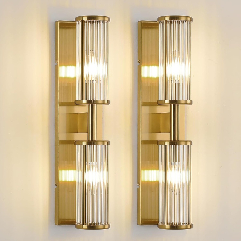 Set of 2 Brushed Brass Vanity Lights, Industrial Bathroom Wall Sconces with Glass Shades for Mirror Lighting