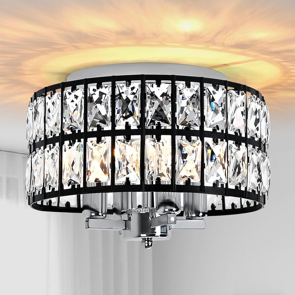 JHLBYL Black and Chrome Flush Mount Ceiling Light, Modern Crystal Ceiling Light Fixture 4-Lights Close to Ceiling Light Fixtures for Hallway Bathroom Kitchen Dining Room Entryway