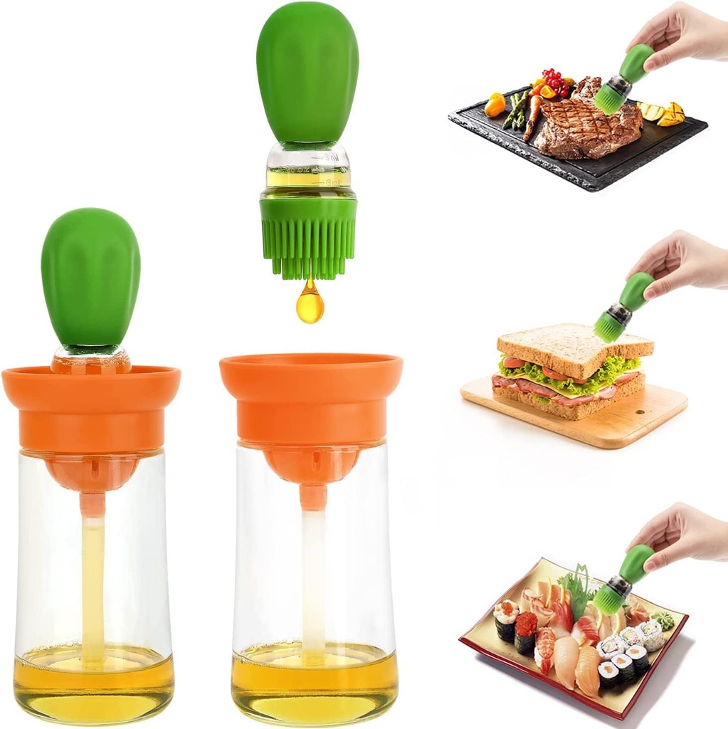 Oil Dispenser Bottle with Silicone Brush, 2 in 1 Glass Olive Oil Bottle Dispenser, Silicone Dropper Measuring Oil Container Dispenser Bottle, Barbecue Brush for Kitchen Cooking BBQ Grill Frying Baking