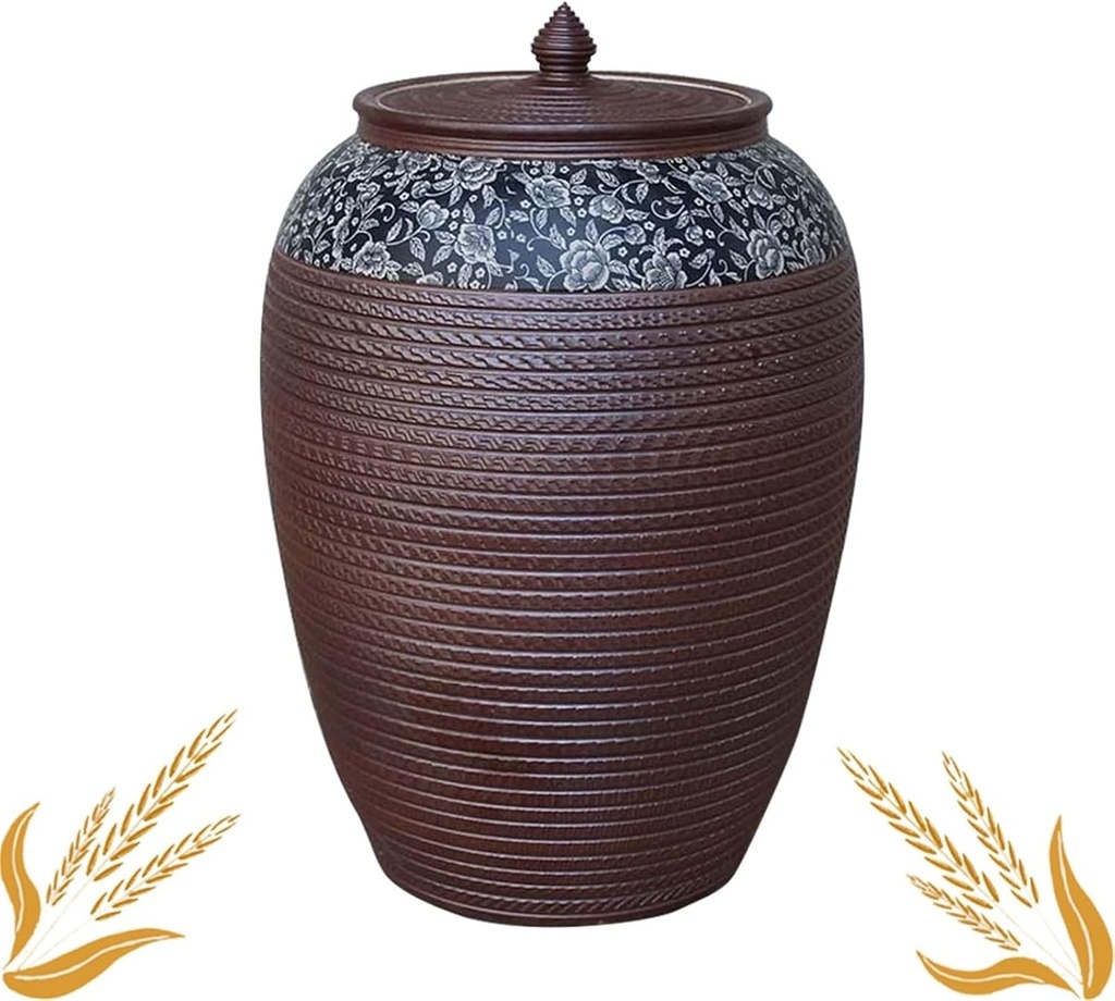 Ceramic Rice Bucket with Lid Large Ceramic Rice Jar Grain Storage Food Dispenser Ceramic Rice Container for Beans Corns Wheat Oatmeal Grain Storage Bin Household Rice Barrel(Brown-A,10kg)