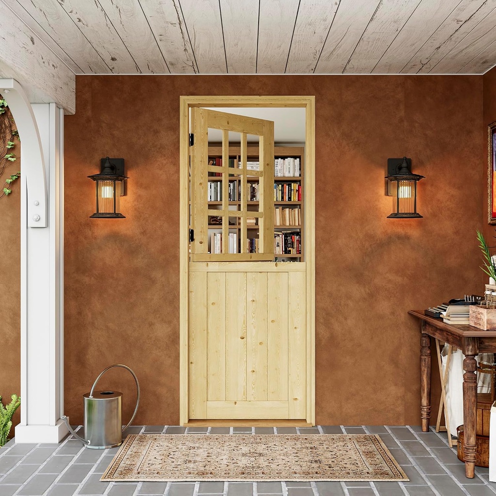 Interior & Exterior Dutch Door Slab, 30" x 80", Universal 9 Lite Tempered Clear Glass Split Single Door, Solid Core Home Door, Natural Pine Wood - with 4 Hinges & 1 Latch, Without Jamb