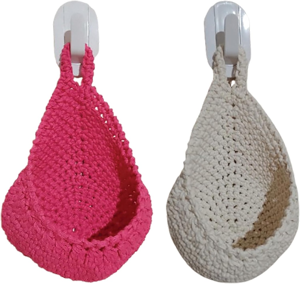 Handmade Set of Boho Hanging Wall Baskets for Storage – Teardrop Woven Baskets for Kitchen, Fruit, Vegetables, Plants, Toys – Natural Paper Macrame Cotton, Wall Organizer Décor with Hooks (2 Pcs / 2 Sizes)