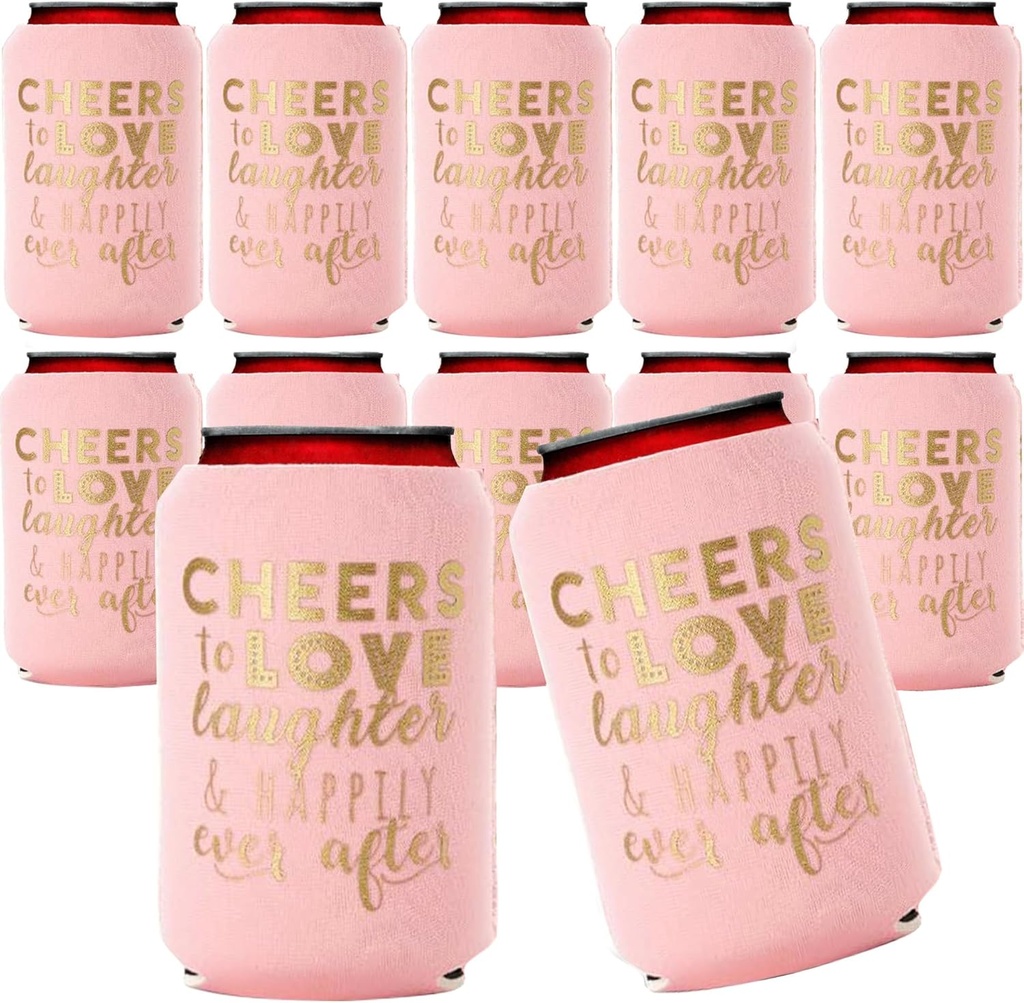 Wedding Can Cooler Decorations Set of 12 - Cheers to Love Laughter and Happily Ever After, Wedding Rehearsal Dinner Decorations - Bridal Showers, Engagement Party Favors for Guests and Supplies