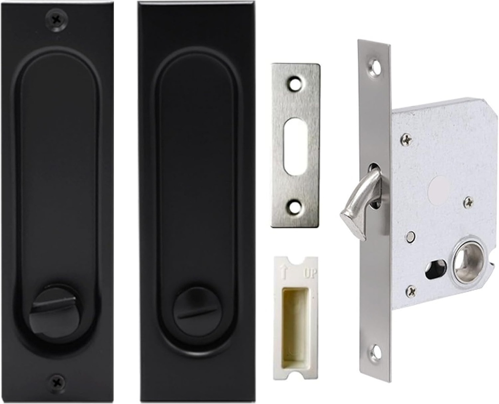 Rectangle Pocket Door Lock, 304 Stainless Steel Privacy Pocket Door Hardware, 5 7/10 inch*1 7/10inch Matte Black Sliding Pocket Door Handle,for 1 3/8” to 2 3/16” Thickness Door