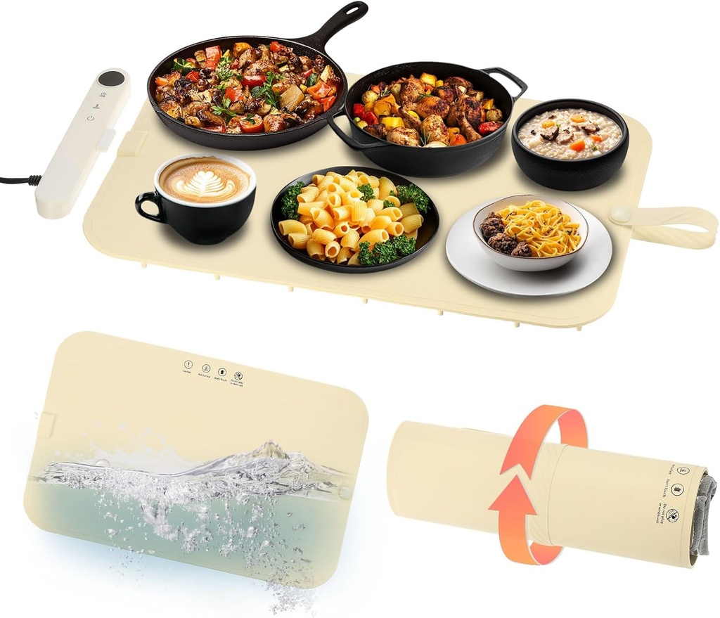 Upgrade Food Warming Mat - Electric Warming Tray with 6 Temperature Setting and 6 Hours Timer,Full Surface Graphene Heating Food Warmer,Roll Up Heating Tray for Buffet,Creamy White