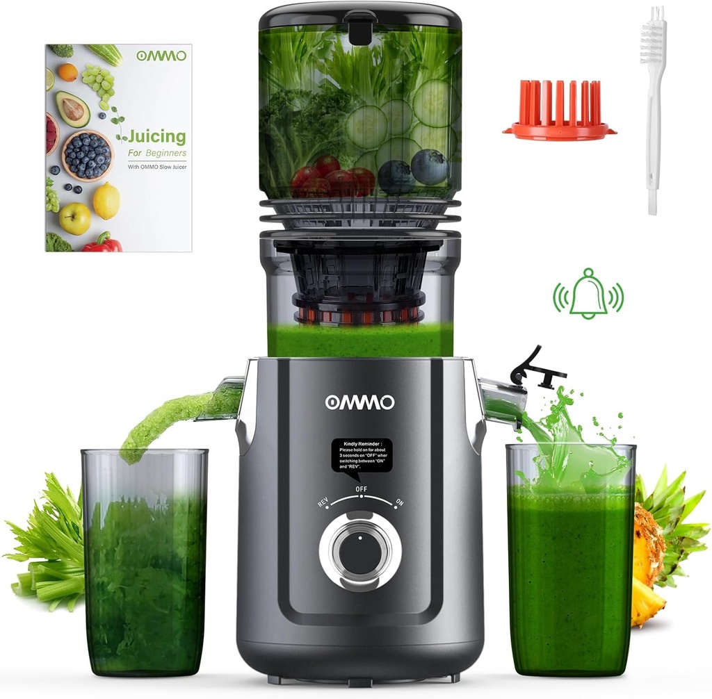 OMMO Cold Press Juicer Machines: 5.1" Wide Feed Chute Slow Masticating Juicer for Whole Fruits & Vegetables, Easy to Clean, High Juice Yield, BPA Free, Grey