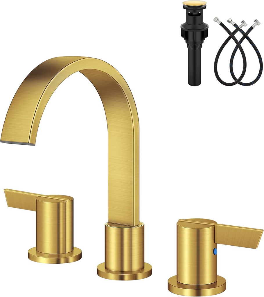 Aolemi Bathroom Faucets 3 Hole,8 Inch Widespread Waterfall Bathroom Sink Faucet,2 Handles Vanity Faucet with Pop-up Drain and Supply Hose,Brushed Gold