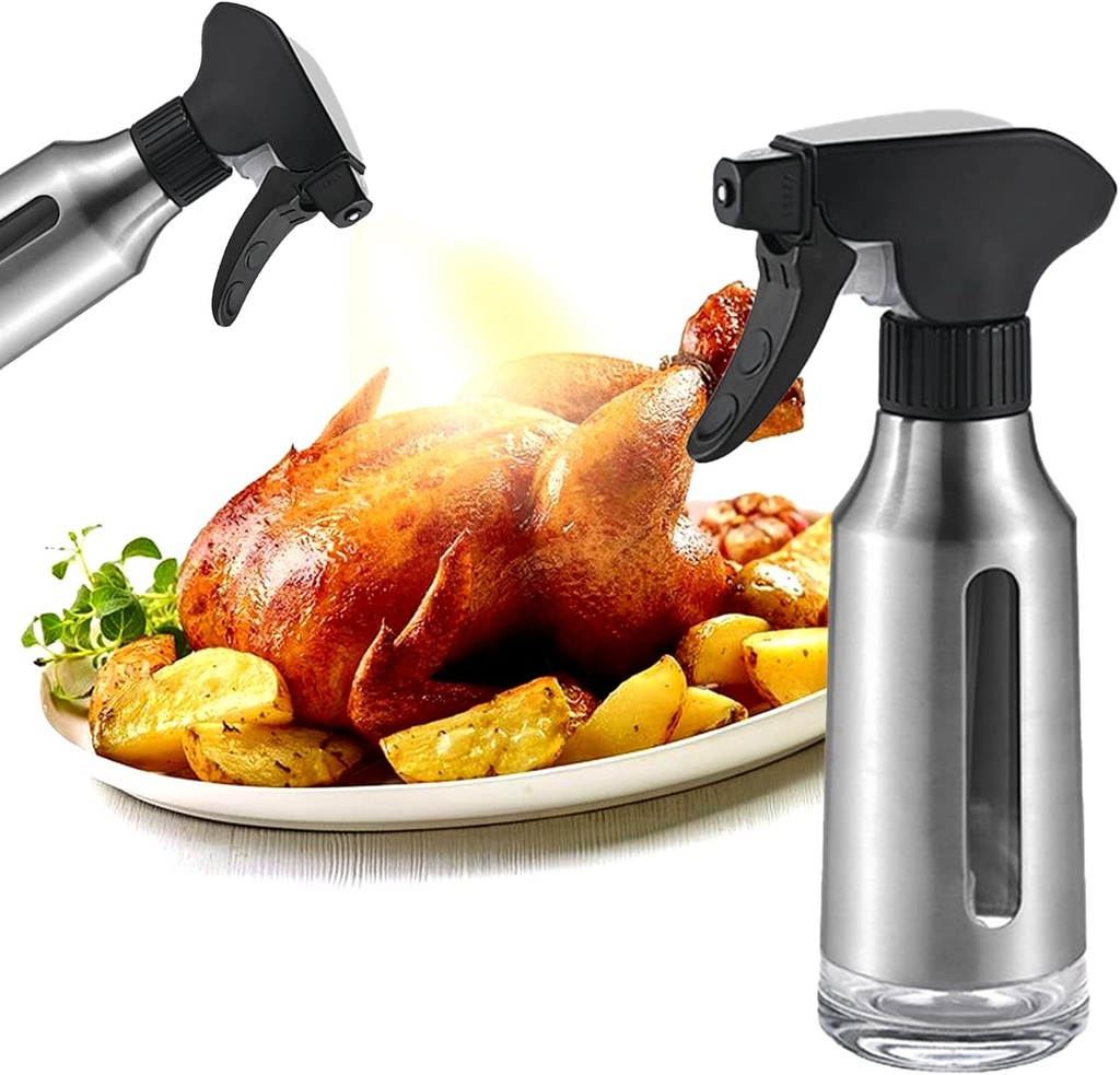 Oil Sprayer for Cooking,Stainless Steel Olive Oil Mister for Air Fryer Black Nozzel Dispenser Bottles Fat Reduction Glass Oil Control Spray Pot 6.35oz(180ml) Capacity