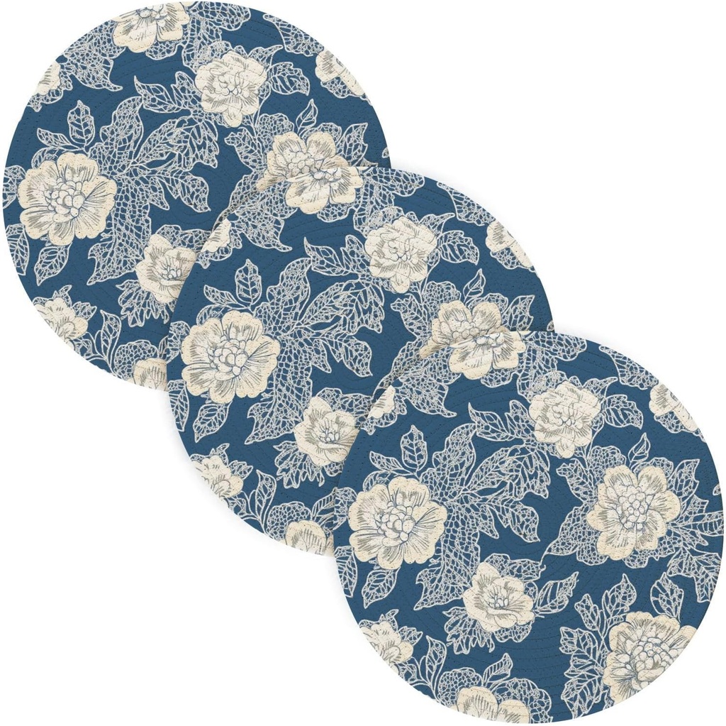 3 Pcs Kitchen Trivet for Hot Pots and Pans 15in Cotton Thread Weave Heat Resistant Pan Mat for Crock Pot Cookware Protects Blue and White Lace Flowers