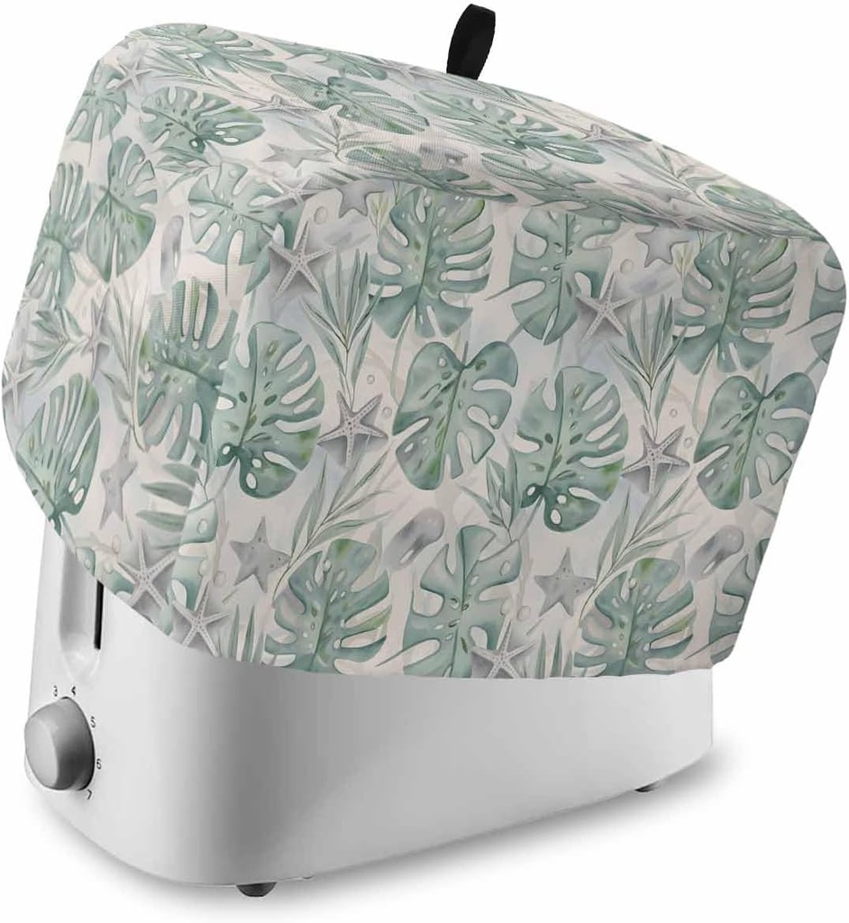 Green Palm Leaves Toaster Cover 4 Slice, Summer Starfish Tropical Plants Dustproof Bread Machine Oven Cover with Storage Pockets, Fits Most Kitchen Toasters Protector