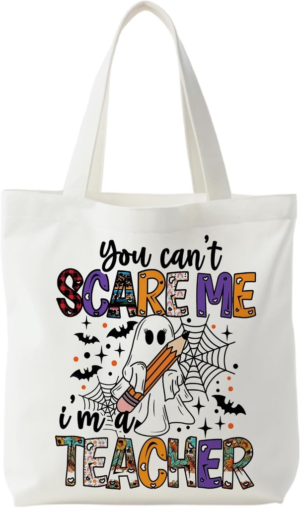 NATSUNO Funny Halloween Teacher Tote Bag for Women, Halloween Gifts for Teachers Canvas Tote Bag, Spooky Ghost Teacher Reusable Shopping Grocery Bags