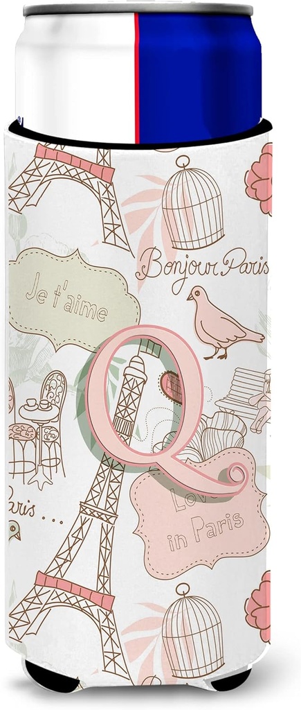 Letter Q Love in Paris Pink Ultra Beverage Insulators for slim cans