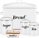 Extra Large Bread Box for Kitchen Counter Farmhouse, Metal Bread Bin and Ceramic Butter Dish with Lid and Knife, 3 Airtight Rustic Canister Containers Set for Sugar Coffee Tea(White)