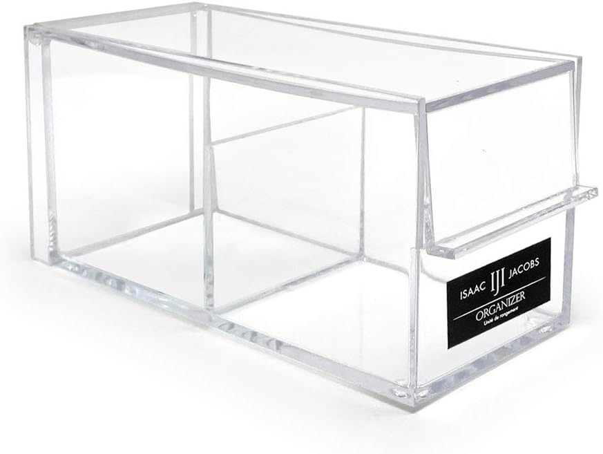 Isaac Jacobs 2-Compartment Rectangular Clear Acrylic Organizer with Lid (6.75" L x 3" W x 3.25" H), Tea Bag Holder, Multi-Sectional Tray, Stackable, Storage Box, for Kitchen, Bathroom, Office & More