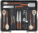 Large Utensil Drawer Organizer Expandable Silverware Organizer for Kitchen Drawer Adjustable Cooking Utensil Holder Cutlery Flatware Tray Spatula Tools Gadgets Storage Dividers Plastic Black