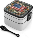 Flags Bento Box with Spoon, 2-layer Stackable Lunch Box Leak Proof with Invisible Handle, Insulated Food Storage for Office, Picnic & Travel