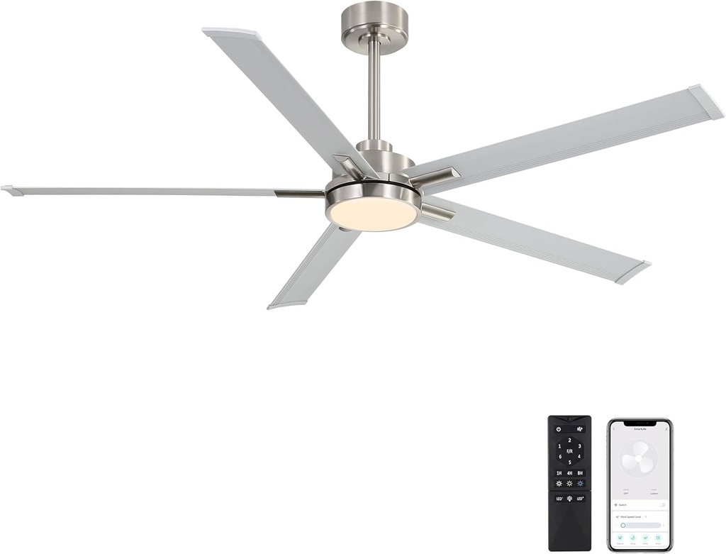 ELEHINSER 60" Smart Ceiling Fan with Light, Remote/APP Control, Dimmable LED Lights, 6-Speed DC Motor, 5 Aluminum Blades Industrial Ceiling Fans Compatible with Alexa, Google Assistant Silver