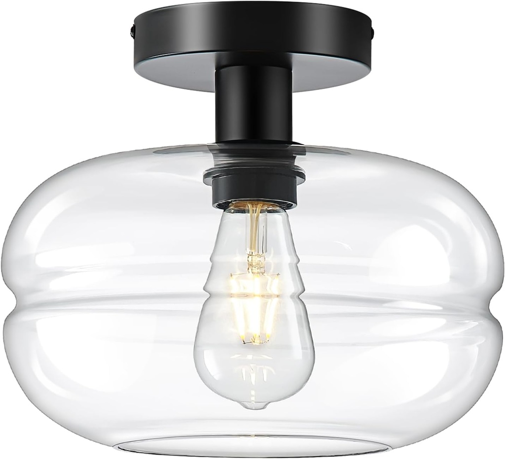 Semi Flush Mount Ceiling Light Fixture, 10-1/2 Inch Clear Glass Shade, Black Modern Vintage 1-Light E26 Socket Ceiling Light for Hallway Entryway Kitchen Sink Bedroom Bathroom