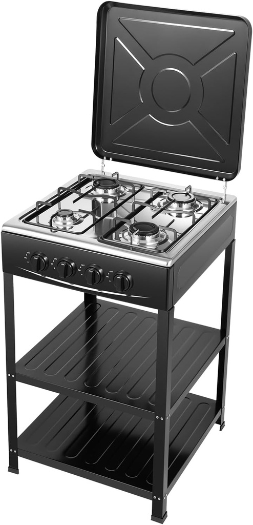 4 Burners Gas Cooktop, Built in Stainless Steel Stove with Storage Shelves for Outdoor, Kitchen, Camping