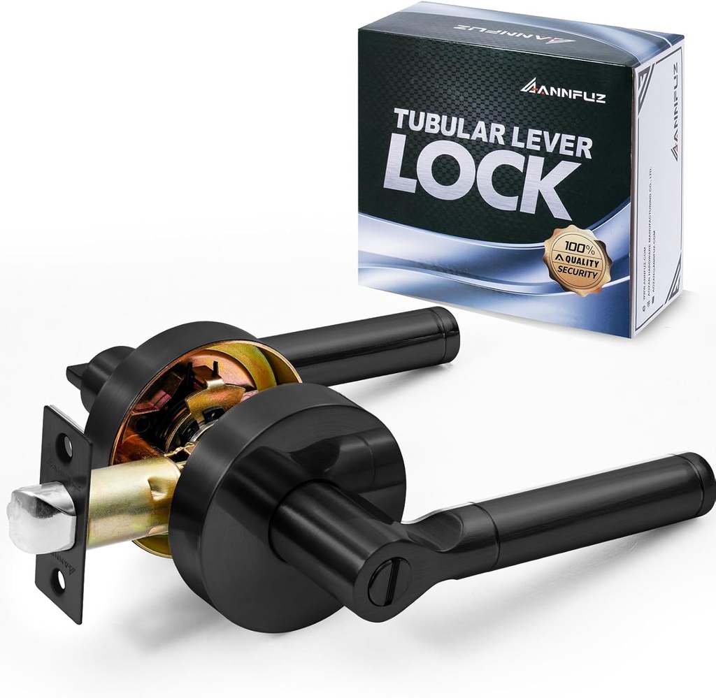 Round Privacy Keyless Door Handle with Turing-Thumb Locking,Interior Door Lever Without Key,Heavy Duty Reversible Door Knob for Left Right Opening,for Bedroom/Bathroom(Matte Black)