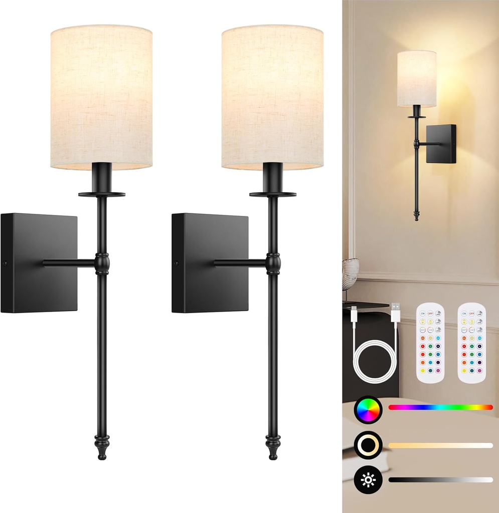 19.9 Inch Black Battery Operated Wall Sconces Set of 2, Rechargeable Wireless Wall Lights with Remote & White Fabric Shade, Indoor Not Hardwired Dimmable Wall Lamps for Living Room, 2 Bulbs Included