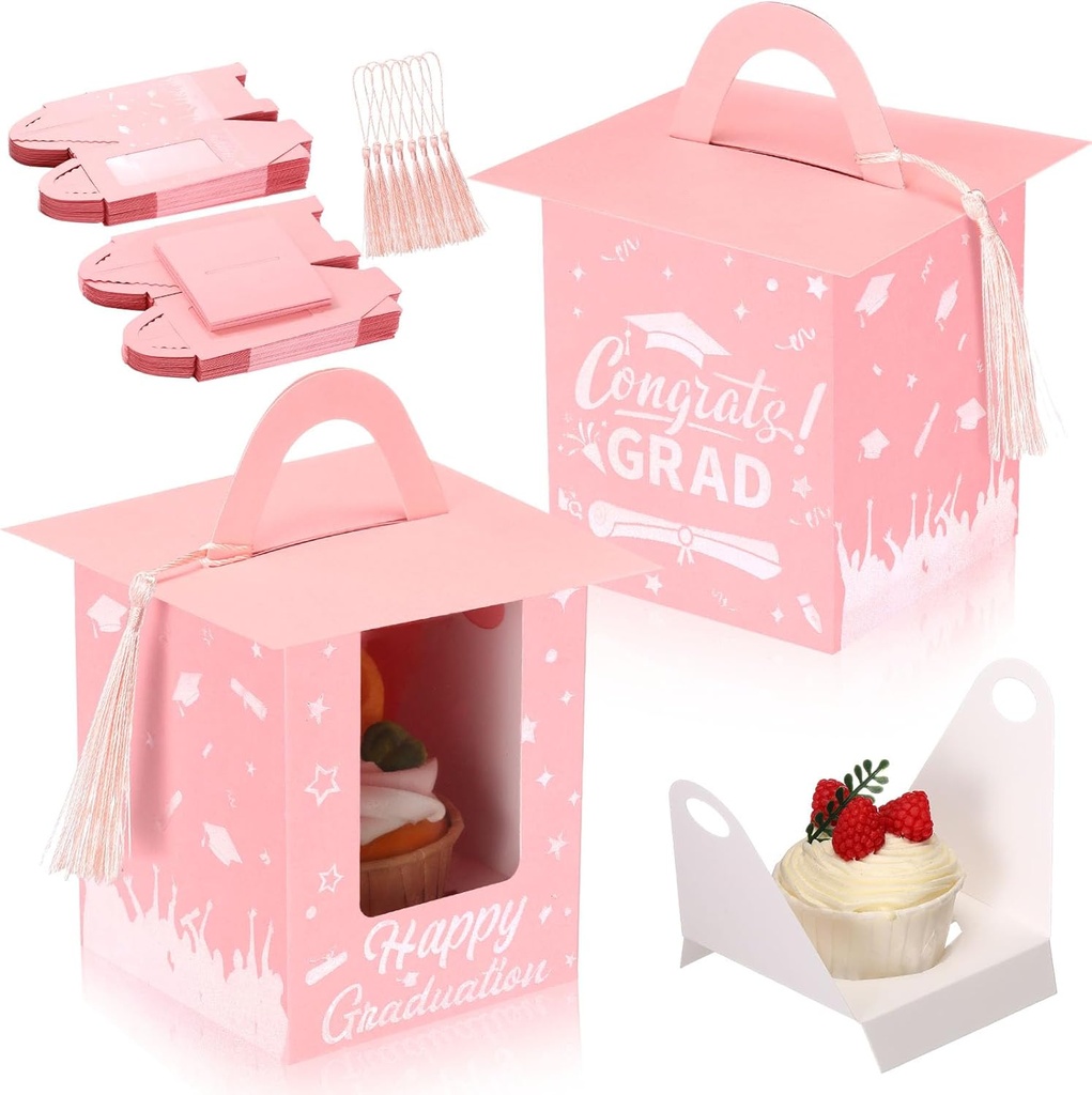 Outus 30 Pcs Graduation Cupcake Boxes Graduation Gift Box Congrats Grad Cupcake Container Candy Boxes with Window and Tassel for 2025 College High School Grad Party(Pink)