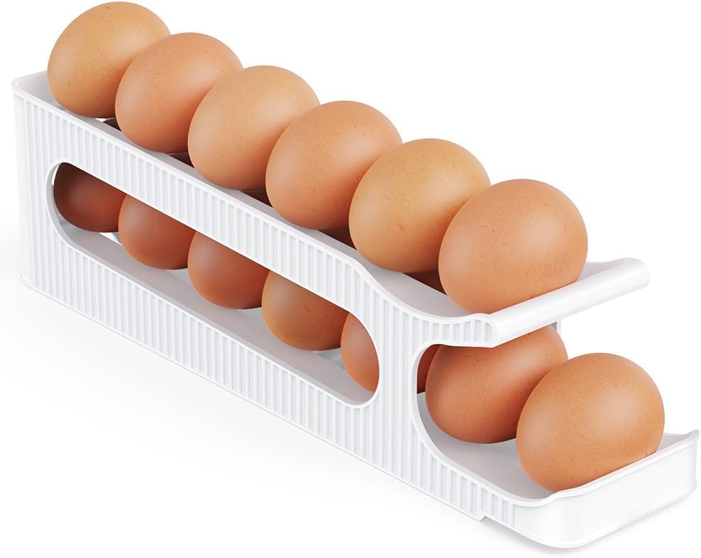 Egg Holder for Fridge, 2 Tiers Auto Rolling Egg Storage Organizer for Refrigerator, Slim Space Saving Container, Dispenser - Egg Roller for Eggs 12 Count