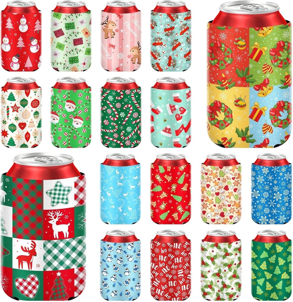 18 pack Christmas Can Cooler Sleeves, Beer Drink Can Beverage Bottle Cooler Sleeves Collapsible for Christmas Holiday Party Gifts Decorations Supplies Favors