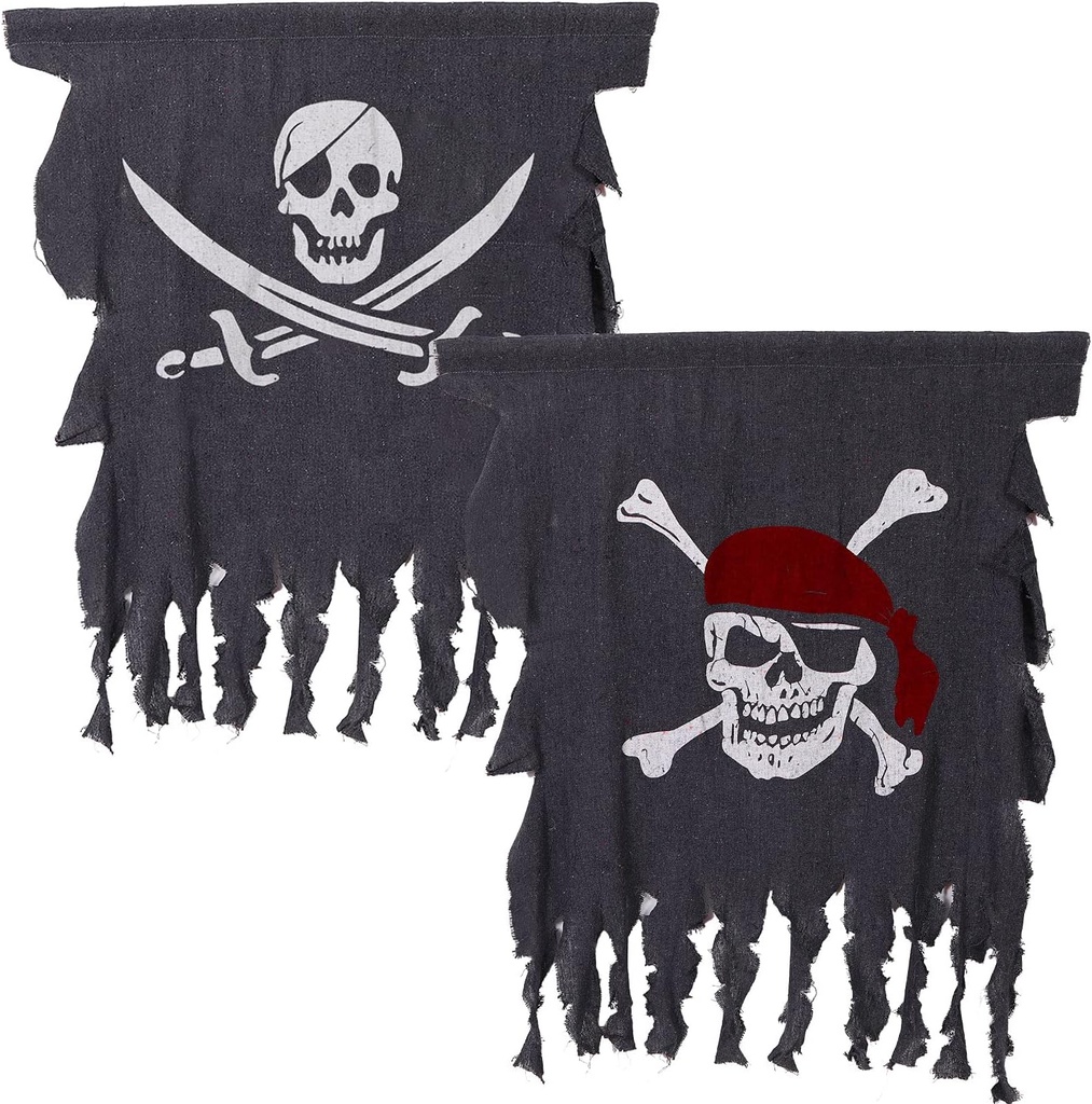 Tatuo 2 Pieces Pirate Flag Halloween Pirate Party Decorations 3 x 2.5 Feet Weathered Retro Creepy Ragged Jolly Roger Flag Skull Bones Banner for Halloween Party Decorations, Kids Room Decor