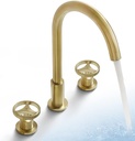 SKOWLL 2 Handle Deck Mount Bathtub Faucet, Brushed Gold Bathroom Vanity Sink Faucet for 3 Hole Modern Vessel Sink Faucets High Arc 360° Swivel Spout