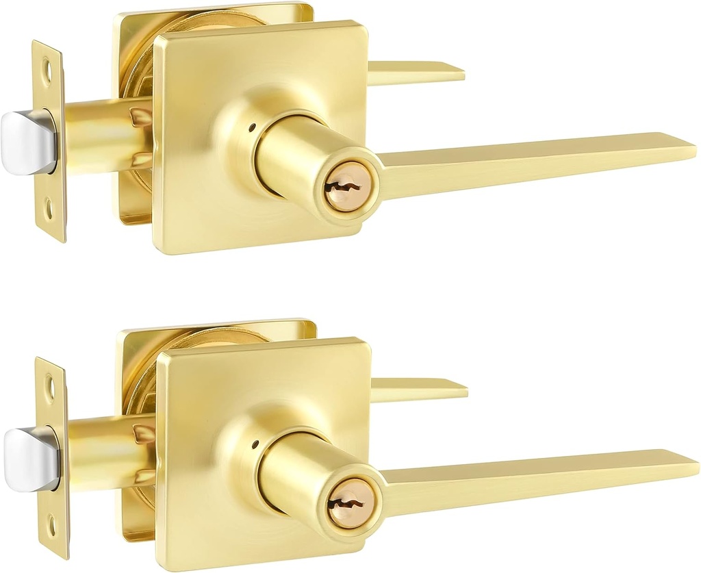 2 Pack Gold Entry Door Handle Keyed Alike, Entrance Door Lever, Exterior Lockset Contemporary Style, Modern Front Door Hardware