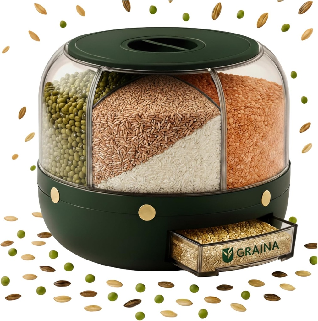 GRAINA Rotating Grain Dispenser with 6 Grids – Airtight Rice Container, Grain Dispenser, Rice dispenser, Dry Food Storage Organizer, Pantry Organizer, Kitchen gadgets, Bulk Food Storage Solution