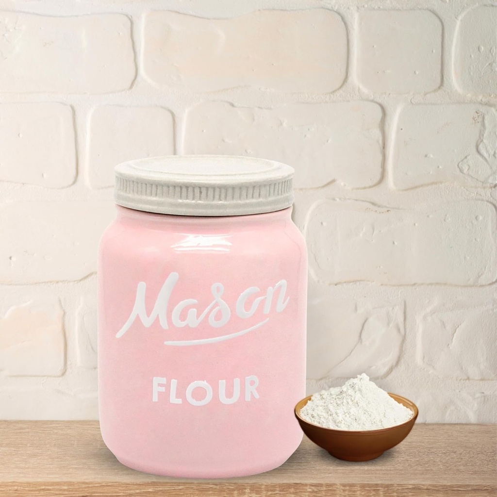 Mason Jar Flour Container - Decorative Flour Canister Mason Jars - Kitchen Food Storage Jars with Lids - Ceramic Container for Rustic Farmhouse Kitchen Canisters - Airtight Jar for Baking Bread (Pink)