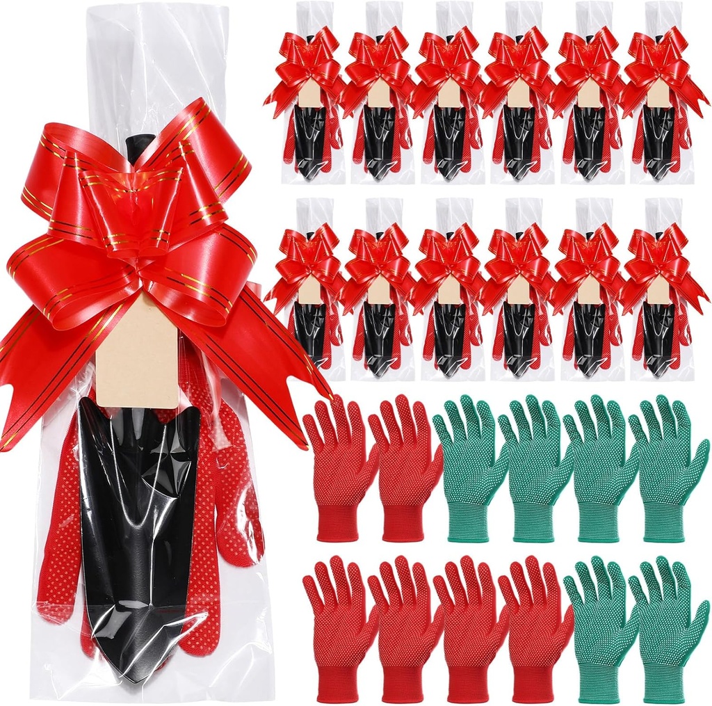 Therwen 12 Pcs Christmas Shovel Gloves Gifts Set with Bag Bow Tie Blank Tags Heavy Duty Garden Hand Shovel Anti-Slip Dots Gloves for Yard Lawn Farm Planting Tool Christmas Spring Planting Lover Gifts
