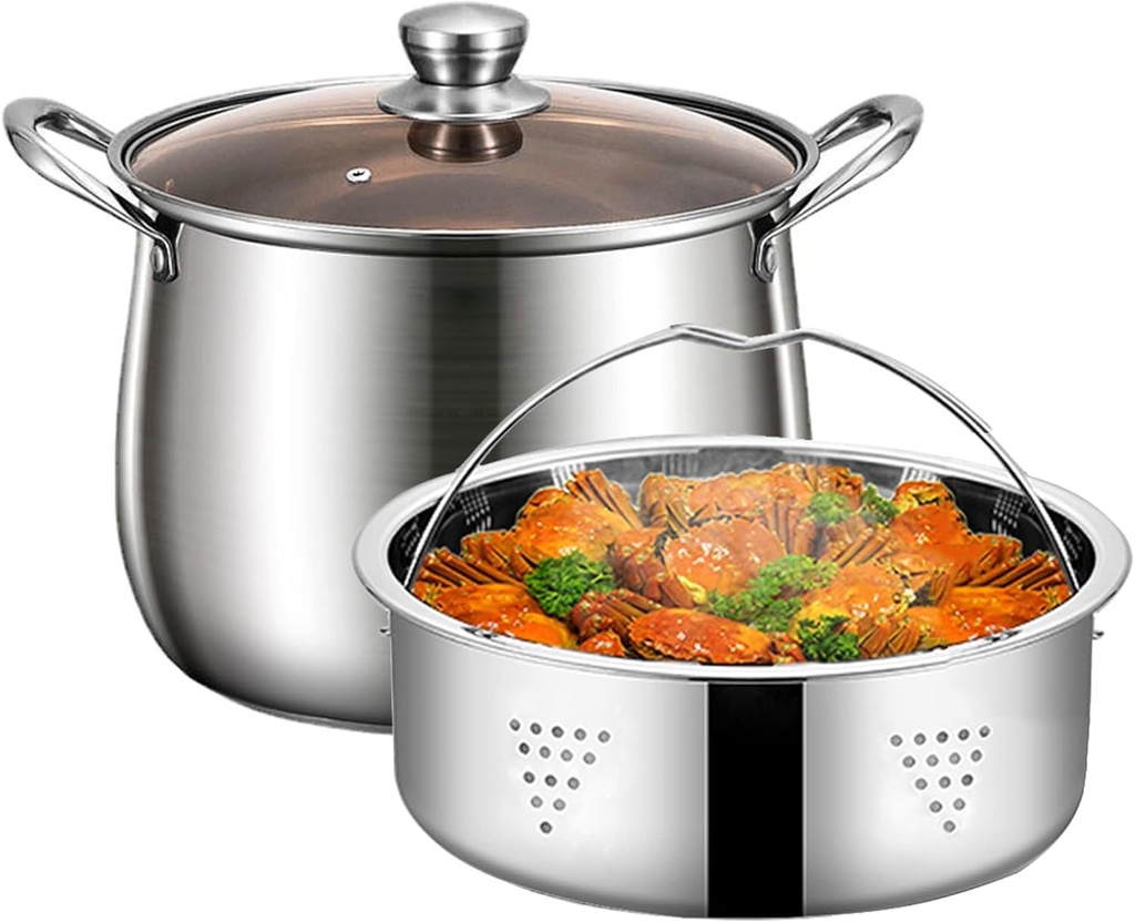 Stainless Steel Seafood Steamer Pot with Insert Basket and Glass Lid - 6.7/8.6/10.9Qt Stockpots Saucepan Cooking Pot for Soups, Stews and Pasta, Dishwasher Safe (26cm)