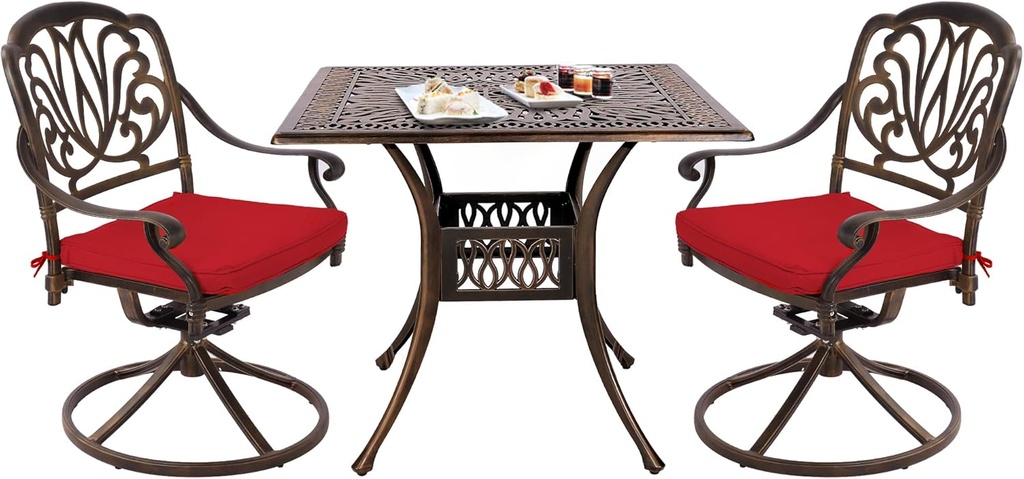 Grepatio 3 Piece Patio Bistro Set Outdoor Cast Aluminum Dining Set Patio Bistro Furniture Set 2 Swivel Chairs and 1 Umbrella Table for Lawn Garden Patio (Red)