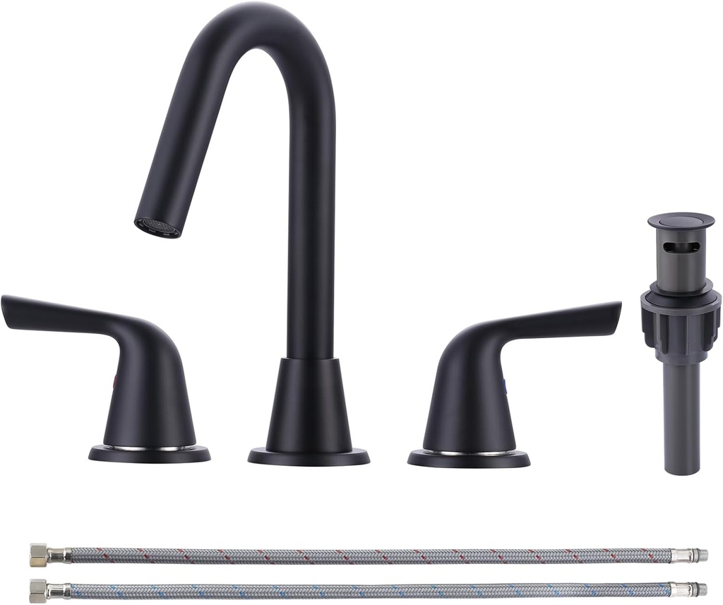 WOWOW Widespread Bathroom Faucet 3 Hole, Matte Black Bathroom Sink Faucet 8 Inch Vanity Faucet with Pop-up Drain Assembly and Supply Lines, 2 Handle Bathroom Tap 3 Pieces Modern