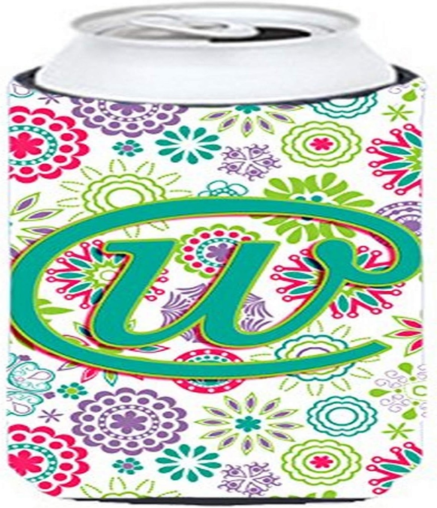 Caroline's Treasures CJ2011-WTBC Letter W Flowers Pink Teal Green Initial Tall Boy Hugger Can Cooler Sleeve Hugger Machine Washable Drink Sleeve Hugger Collapsible Insulator Beverage Insulated Holder