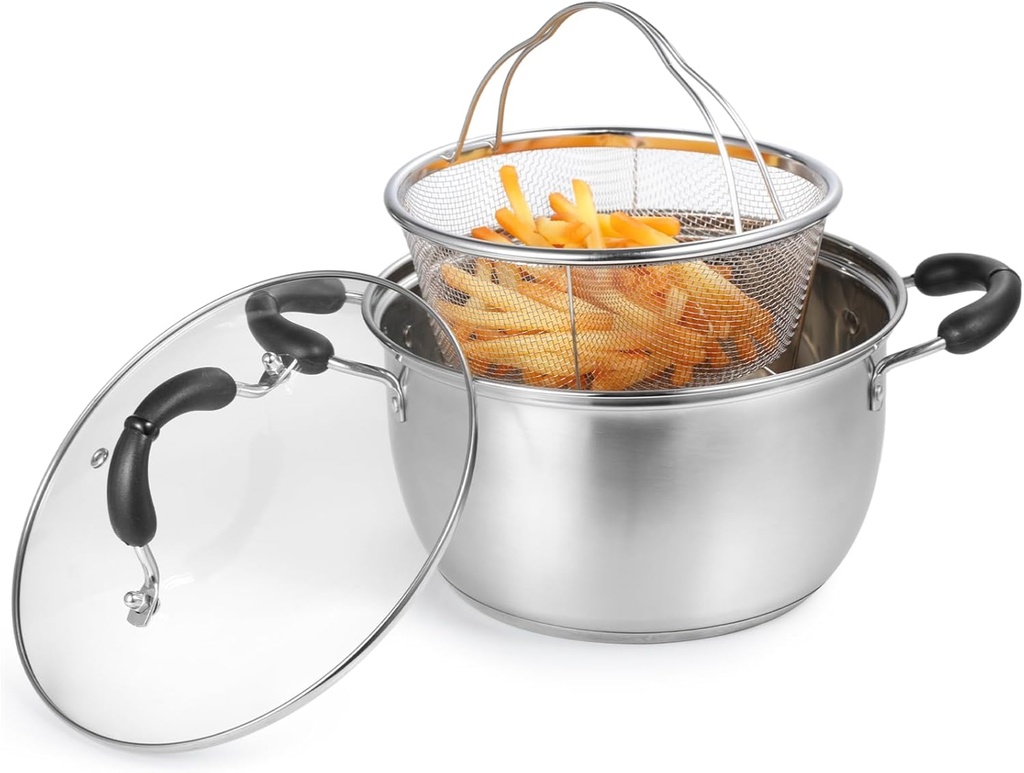 Stove Top Deep Fryer Pot with Basket 9.4 x 9.4 x 5.1in - 304 Stainless Steel Multi-Layer Frying Pot, Deep Fryer Pot with Lid and Anti-Scald Handles, Fry Basket and Steamer Ideal for Home Cooking