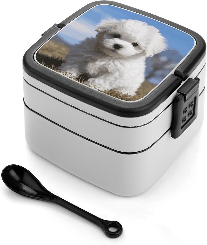 Bichon Frise Dog Bento Box for Adults Double Layer Lunch Box with Spoon And Invisible Handle Microwave Dishwasher Safe Leak Proof Meal Prep Lunch Containers for Office Picnic