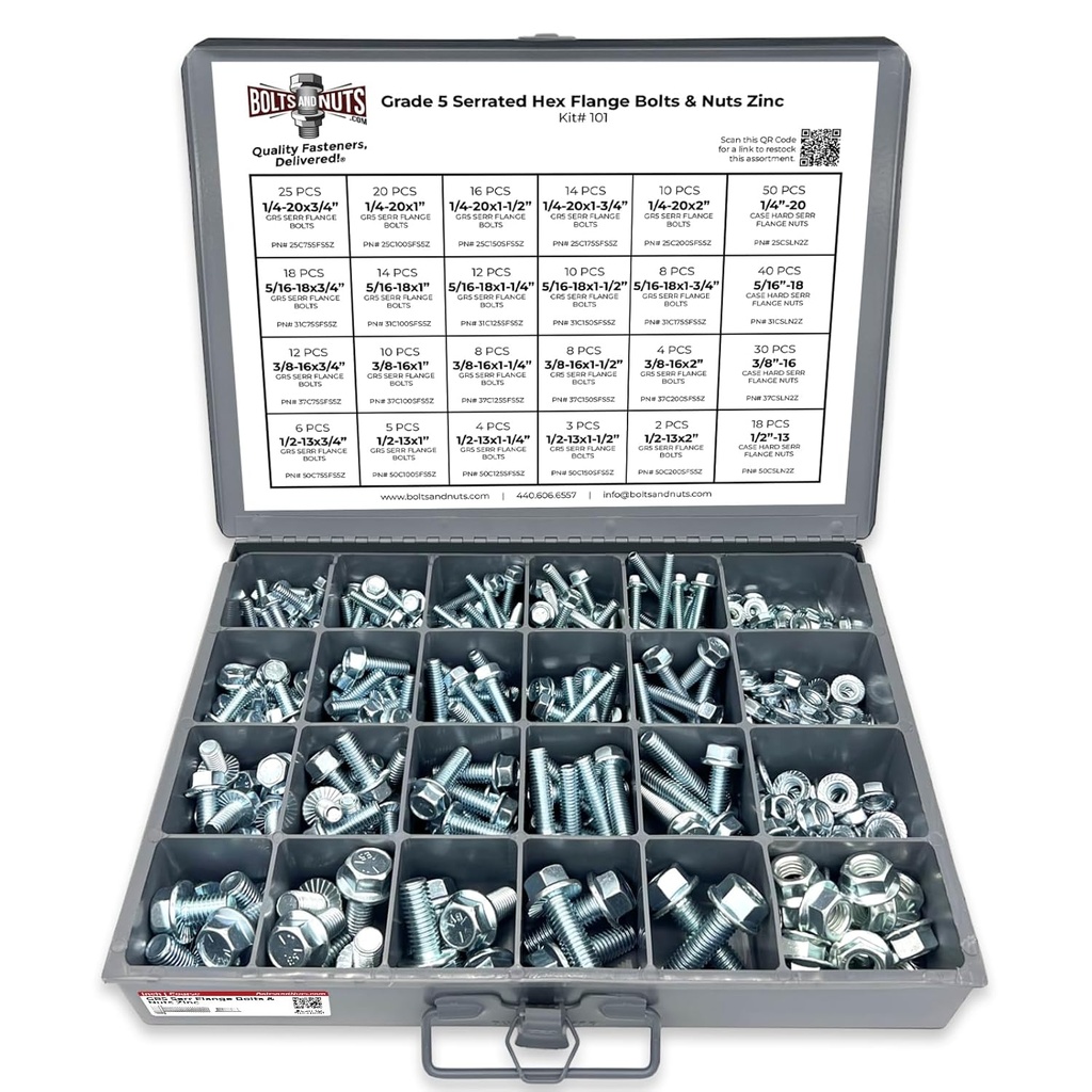 Grade 5 Serrated Hex Cap Flange Bolt & Flange Nut Assortment Kit - 348 Pieces!
