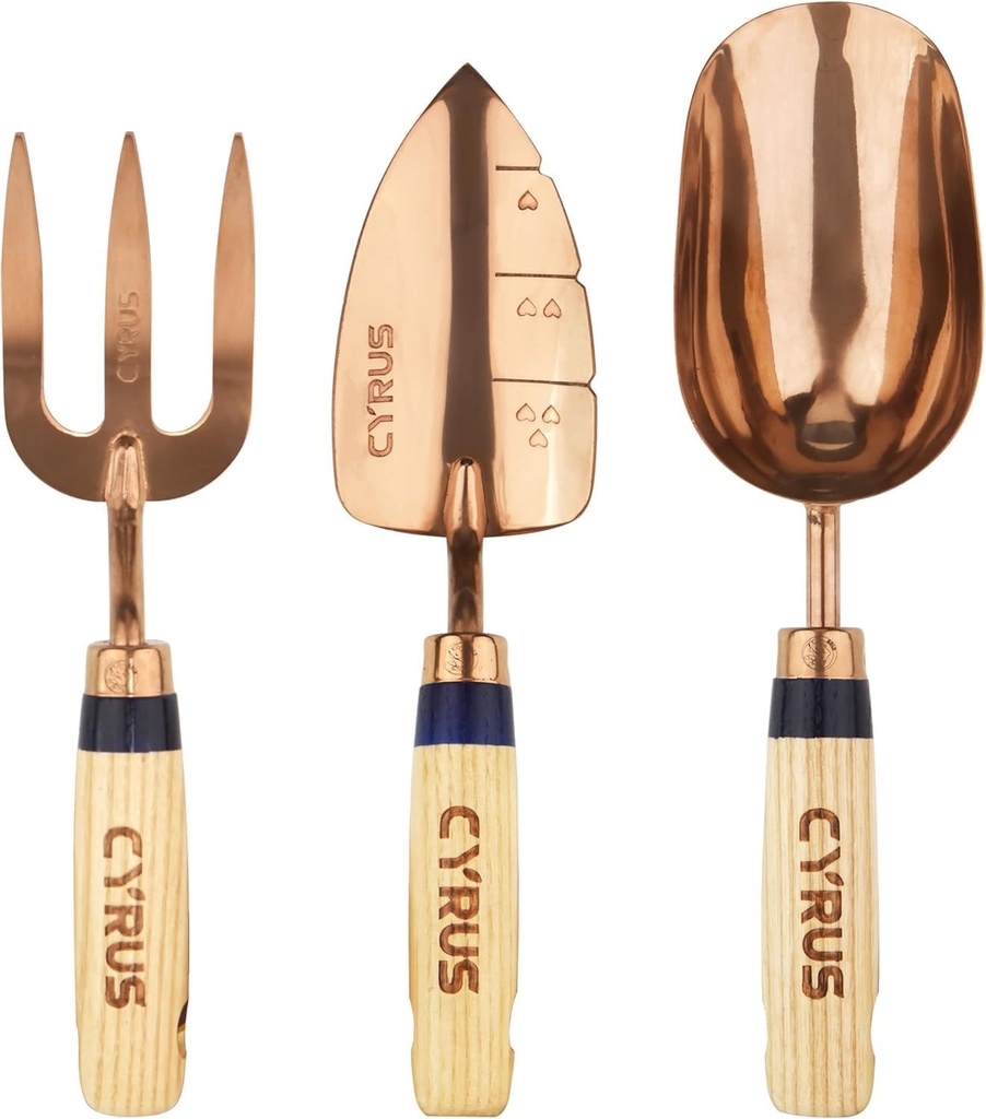 CYRUS Garden Shovel Tool Set,3 Piece Gardening Shovel Stainless Steel,Includes Hand Trowels, Transplanting Shovel and Hand Rake with Ash Wood Handle,Hand Shovel for Planting,Rose Gold